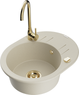 Mexen Kevin 1-compartment granite sink with a drip tray and kitchen mixer tap Telma, Beige - 6517-69-670200-50