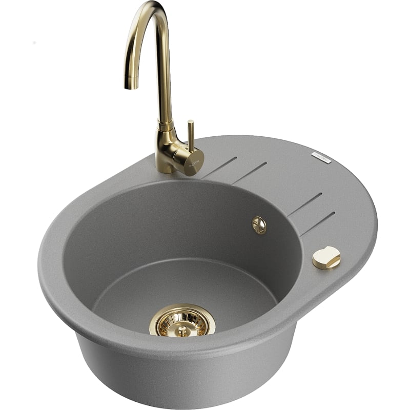 Mexen Kevin granite 1-bowl sink with drainer and kitchen faucet Telma, gray - 6517-71-670200-50