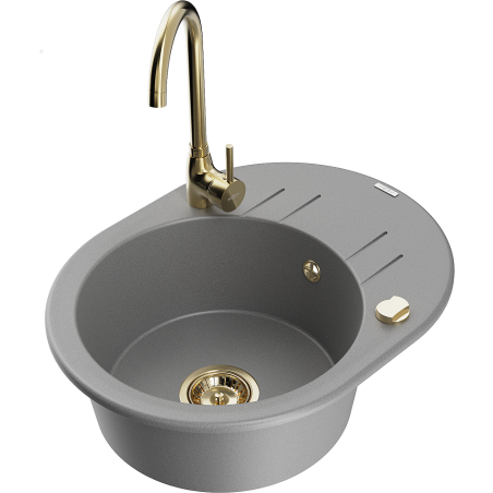 Mexen Kevin 1-compartment granite sink with a drip tray and kitchen mixer tap Telma, Grey - 6517-71-670200-50