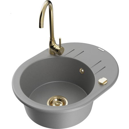 Mexen Kevin granite 1-bowl sink with drainer and kitchen faucet Telma, gray - 6517-71-670200-50