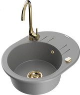 Mexen Kevin 1-compartment granite sink with a drip tray and kitchen mixer tap Telma, Grey - 6517-71-670200-50