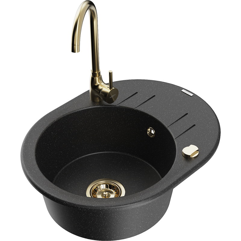 Mexen Kevin granite sink 1-bowl with drainer and Telma kitchen faucet, black/silver metallic - 6517-73-670200-50