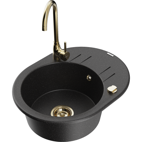 Mexen Kevin granite sink 1-bowl with drainer and Telma kitchen tap, black/silver metallic - 6517-73-670200-50
