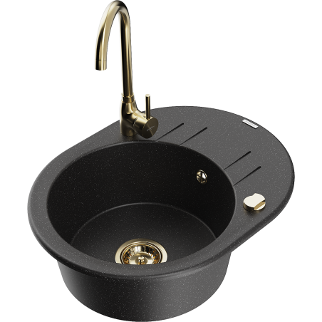 Mexen Kevin granite sink single-bowl with drainer and Telma kitchen faucet, black/silver metallic - 6517-73-670200-50