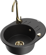 Mexen Kevin granite sink single-bowl with drainer and Telma kitchen faucet, black/silver metallic - 6517-73-670200-50