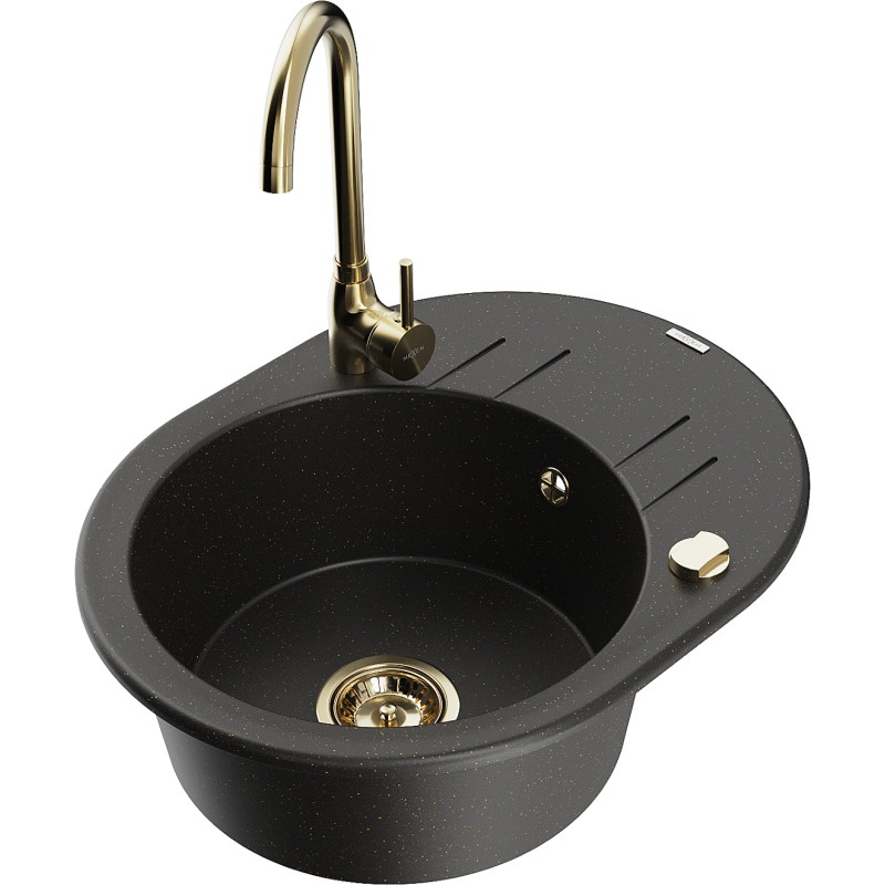Mexen Kevin 1-bowl granite sink with drainer and Telma kitchen faucet, black/gold metallic - 6517-75-670200-50