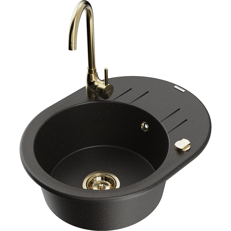 Mexen Kevin 1-compartment granite sink with a drip tray and kitchen mixer tap Telma, Black/Gold metallic - 6517-75-670200-50
