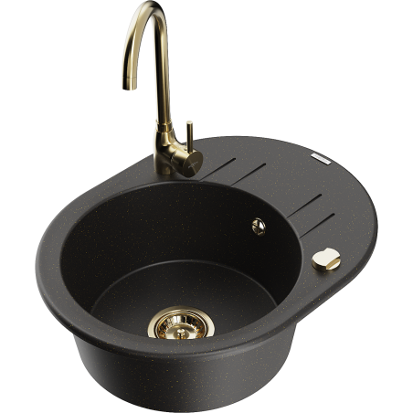 Mexen Kevin 1-bowl granite sink with drainer and Telma kitchen faucet, black/gold metallic - 6517-75-670200-50