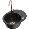 Mexen Kevin 1-bowl granite kitchen sink with drainer and Telma kitchen tap, black/golden metallic - 6517-75-670200-50