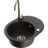 Mexen Kevin 1-bowl granite sink with drainer and Telma kitchen faucet, black/gold metallic - 6517-75-670200-50