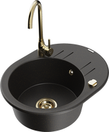 Mexen Kevin 1-bowl granite kitchen sink with drainer and Telma kitchen tap, black/golden metallic - 6517-75-670200-50