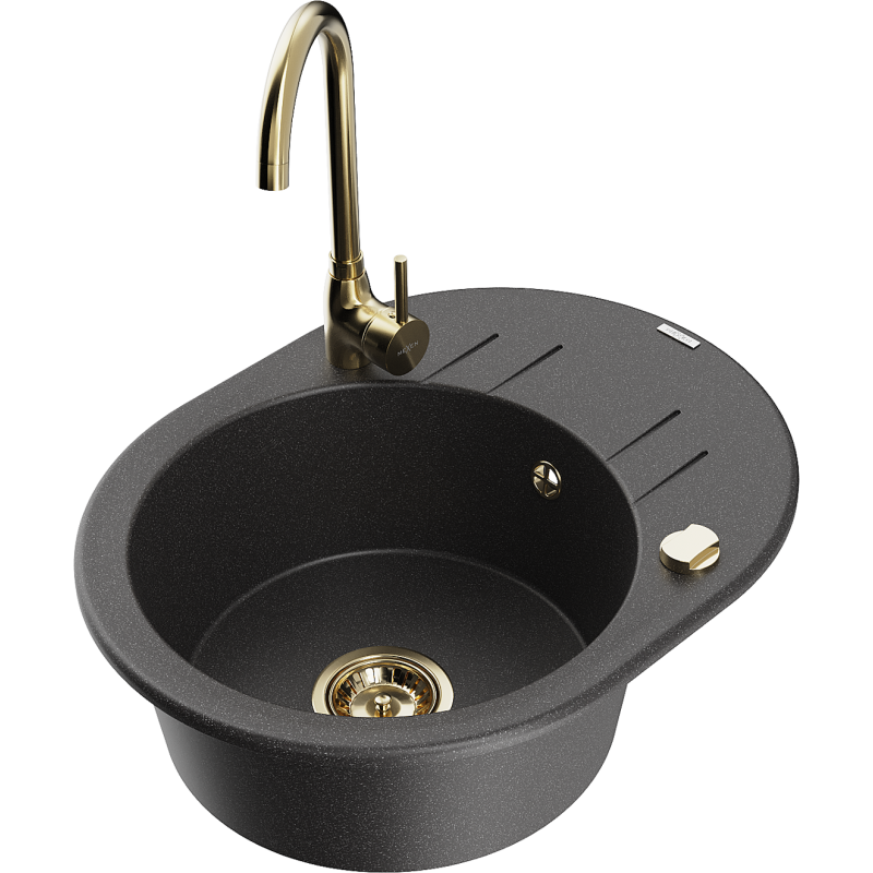 Mexen Kevin, 1-bowl granite sink with drainer and Telma kitchen tap, speckled black - 6517-76-670200-50