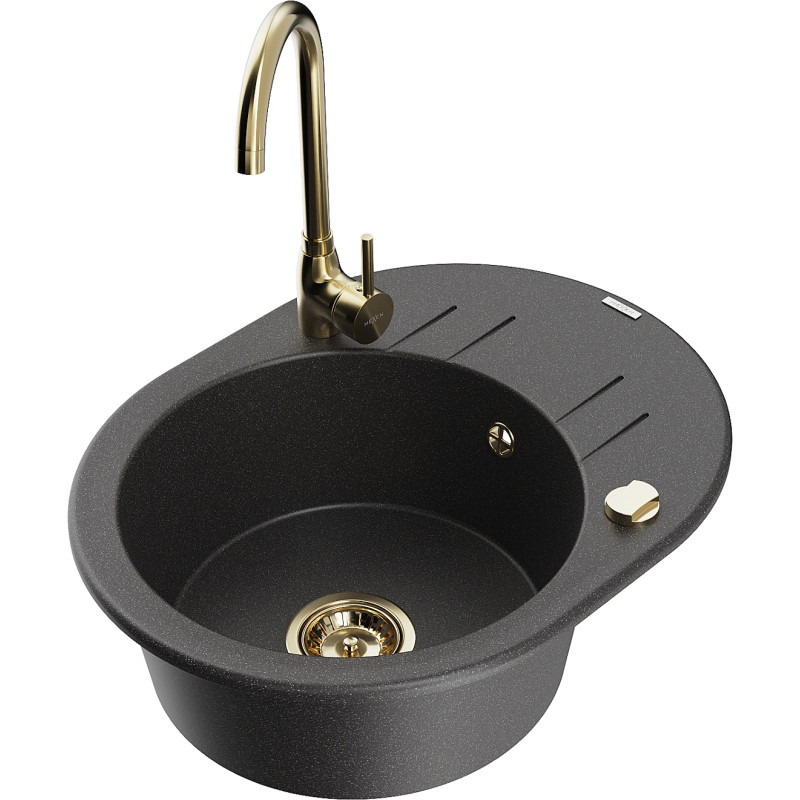 Mexen Kevin granite sink 1-bowl with drainer and Telma kitchen faucet, black speckled - 6517-76-670200-50