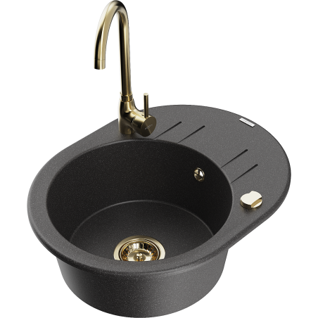 Mexen Kevin granite sink 1-bowl with drainer and Telma kitchen faucet, black speckled - 6517-76-670200-50