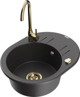 Mexen Kevin granite sink 1-bowl with drainer and Telma kitchen faucet, black speckled - 6517-76-670200-50