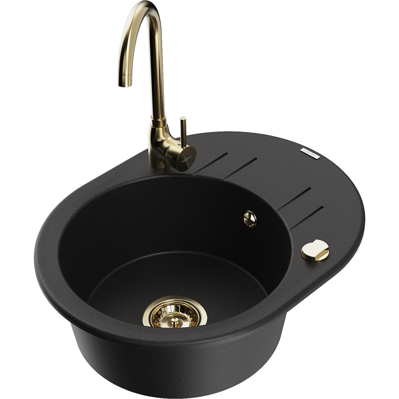 Mexen Kevin 1-compartment granite sink with a drip tray and kitchen mixer tap Telma, Black - 6517-77-670200-50