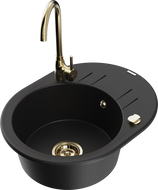 Mexen Kevin granite kitchen sink 1-bowl with drainer and Telma kitchen faucet, black - 6517-77-670200-50