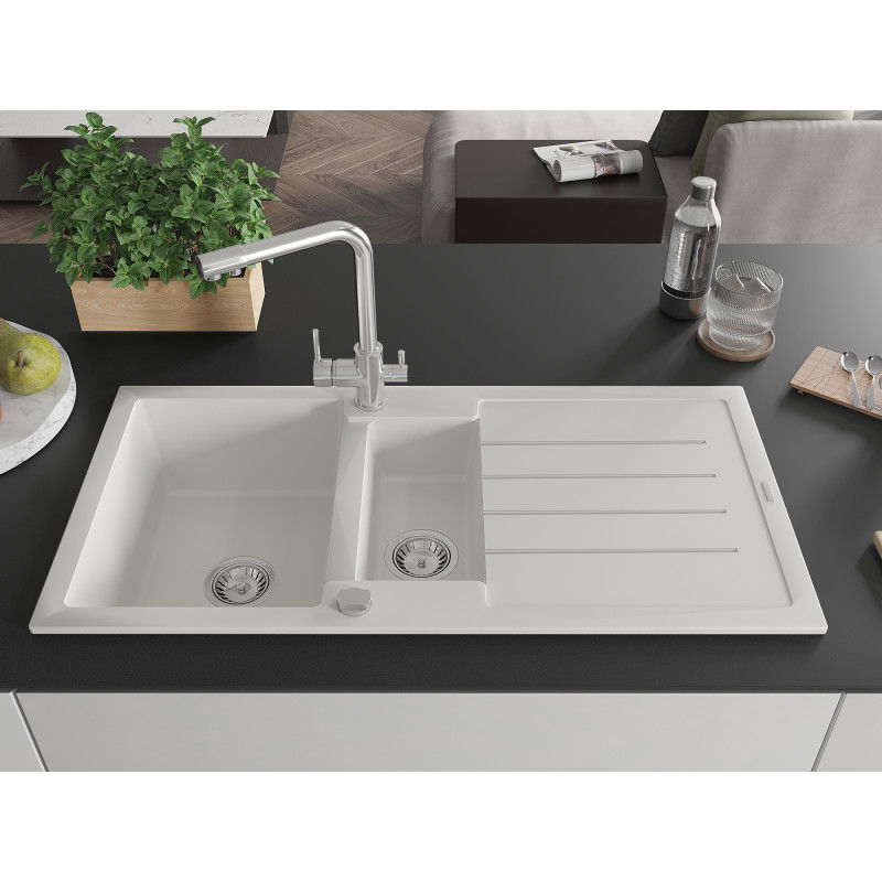 Mexen Andres granite sink 1.5-bowl with drainer and Duero kitchen tap, white - 6515-20-671600-00
