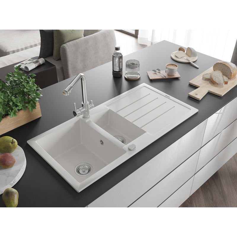 Mexen Andres granite sink 1.5-bowl with drainer and Duero kitchen tap, white - 6515-20-671600-00
