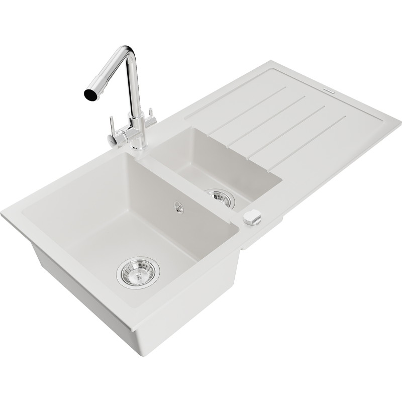 Mexen Andres granite kitchen sink 1.5-bowl with drainer and Duero kitchen faucet, white - 6515-20-671600-00