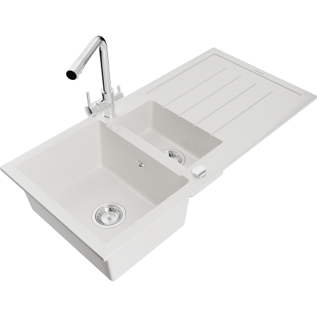 Mexen Andres granite kitchen sink 1.5-bowl with drainer and Duero kitchen faucet, white - 6515-20-671600-00