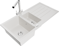 Mexen Andres granite sink 1.5-bowl with drainer and Duero kitchen tap, white - 6515-20-671600-00