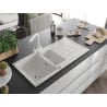 Mexen Andres 1.5-bowl granite sink with drainer and Duero kitchen tap, white - 6515-20-671600-20