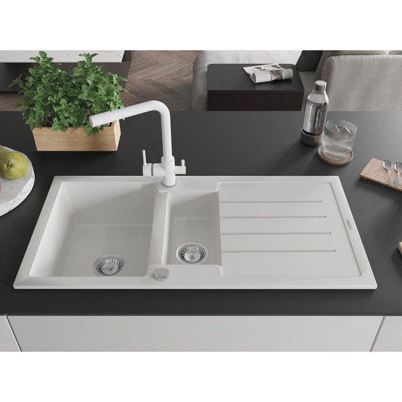 Mexen Andres granite sink 1.5-bowl with drainer and kitchen faucet Duero, white - 6515-20-671600-20