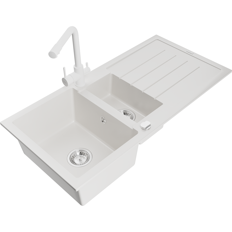 Mexen Andres 1.5-bowl granite sink with drainer and Duero kitchen tap, white - 6515-20-671600-20