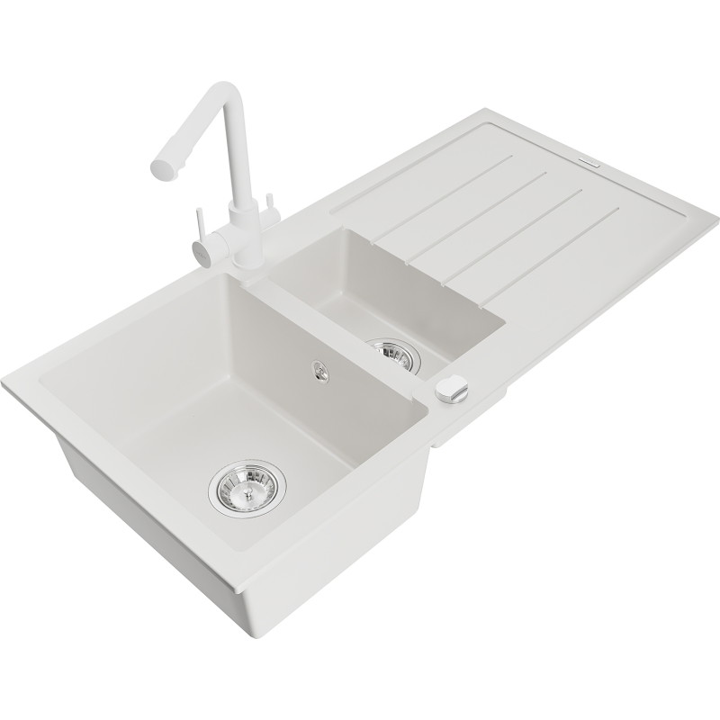 Mexen Andres granite kitchen sink 1.5-bowl with drainer and Duero kitchen faucet, white - 6515-20-671600-20