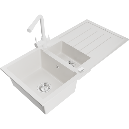 Mexen Andres granite sink 1.5-bowl with drainer and kitchen faucet Duero, white - 6515-20-671600-20