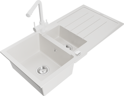 Mexen Andres 1.5-bowl granite sink with drainer and Duero kitchen tap, white - 6515-20-671600-20