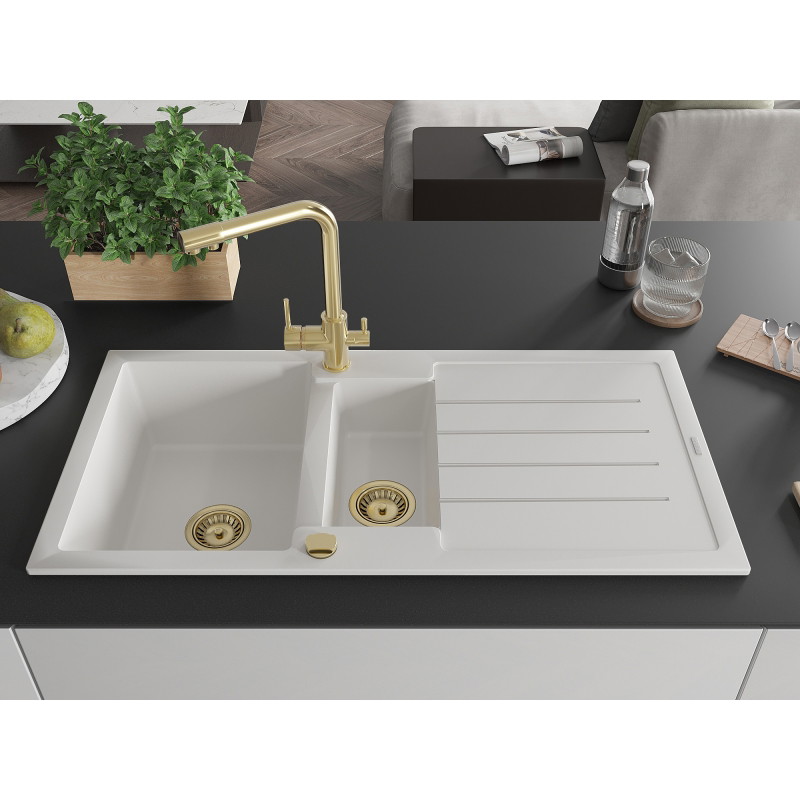 Mexen Andres granite kitchen sink 1.5-bowl with drainer and Duero kitchen faucet, white - 6515-20-671600-50
