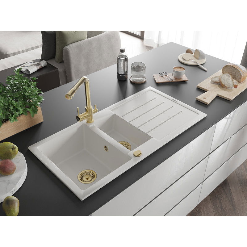 Mexen Andres granite sink 1.5-bowl with drainer and Duero kitchen tap, white - 6515-20-671600-50