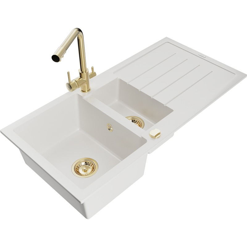 Mexen Andres granite sink 1.5-bowl with drainer and kitchen faucet Duero, white - 6515-20-671600-50