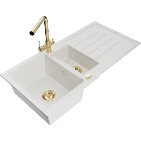 Mexen Andres granite sink 1.5-bowl with drainer and kitchen faucet Duero, white - 6515-20-671600-50