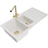 Mexen Andres granite sink 1.5-bowl with drainer and kitchen faucet Duero, white - 6515-20-671600-50