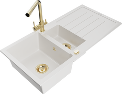 Mexen Andres granite sink 1.5-bowl with drainer and kitchen faucet Duero, white - 6515-20-671600-50