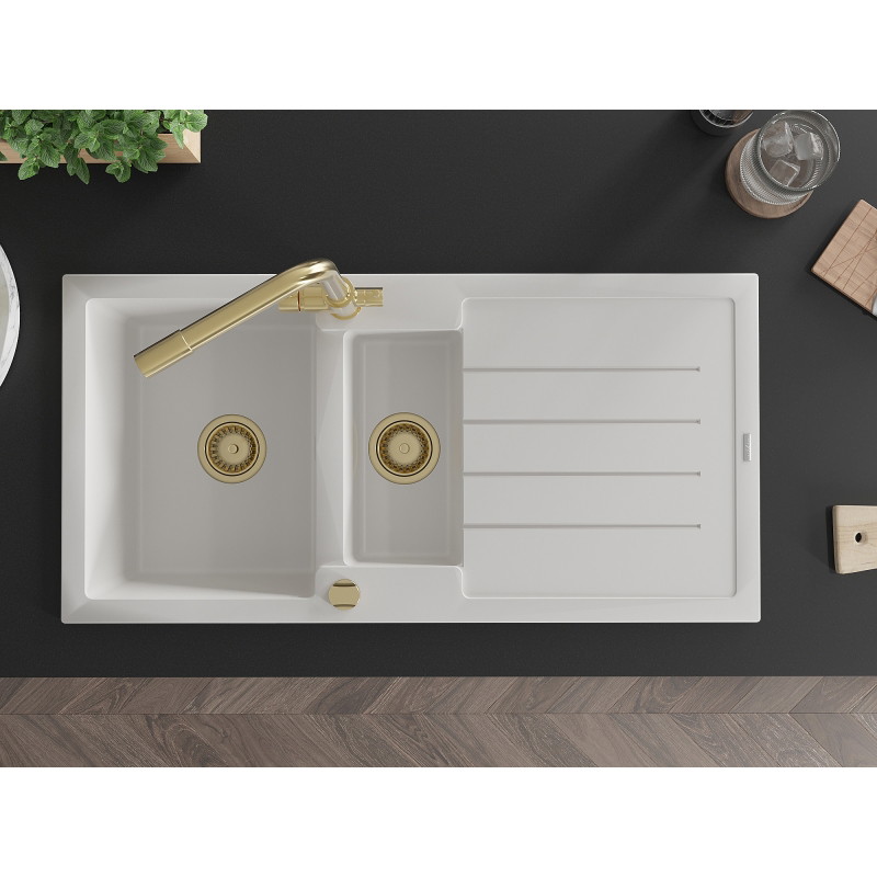 Mexen Andres granite kitchen sink 1.5-bowl with drainer and Duero kitchen faucet, white - 6515-20-671600-50