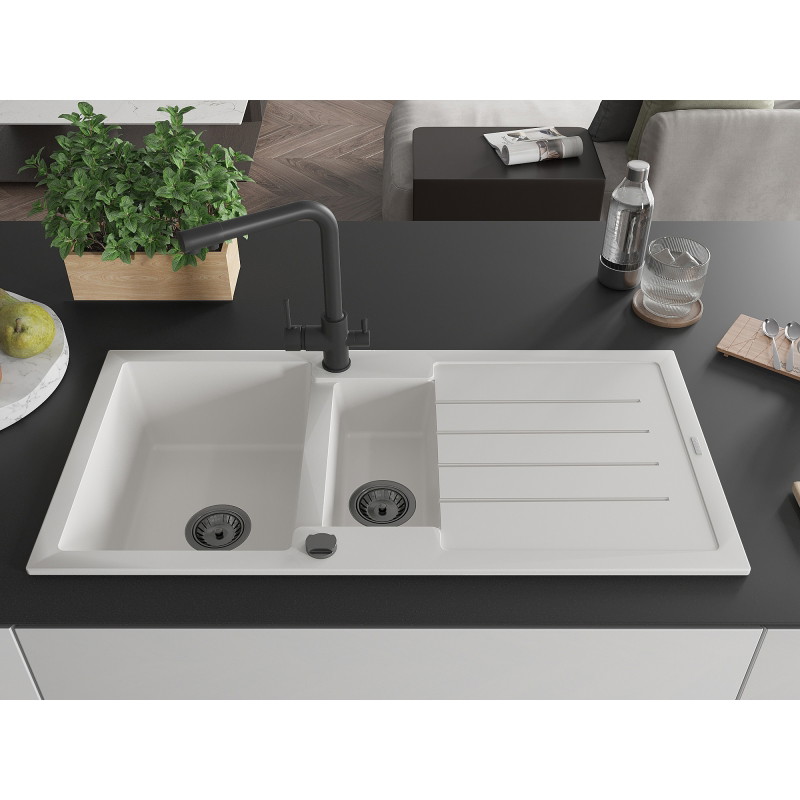 Mexen Andres granit sink 1.5-bowl with drainer and kitchen faucet Duero, white - 6515-20-671600-70