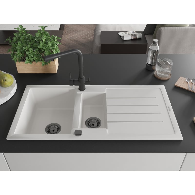 Mexen Andres granite sink 1.5-bowl with drainer and kitchen faucet Duero, white - 6515-20-671600-70