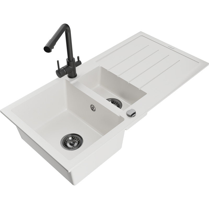 Mexen Andres granit sink 1.5-bowl with drainer and kitchen faucet Duero, white - 6515-20-671600-70