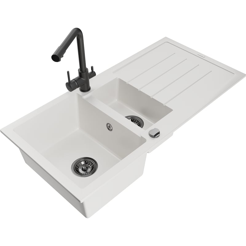 Mexen Andres granite sink 1.5-bowl with drainer and kitchen faucet Duero, white - 6515-20-671600-70