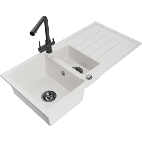 Mexen Andres 1.5-bowl granite kitchen sink with drainer and Duero tap, white - 6515-20-671600-70