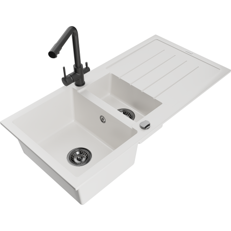 Mexen Andres granite sink 1.5-bowl with drainer and kitchen faucet Duero, white - 6515-20-671600-70