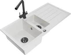 Mexen Andres 1.5-bowl granite kitchen sink with drainer and Duero tap, white - 6515-20-671600-70