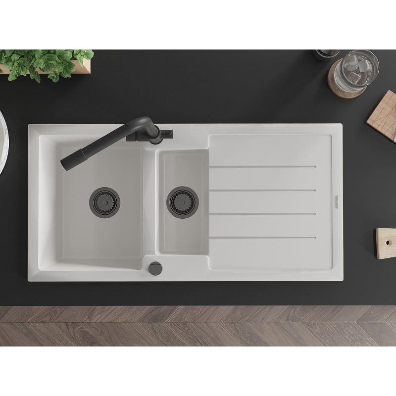 Mexen Andres granit sink 1.5-bowl with drainer and kitchen faucet Duero, white - 6515-20-671600-70
