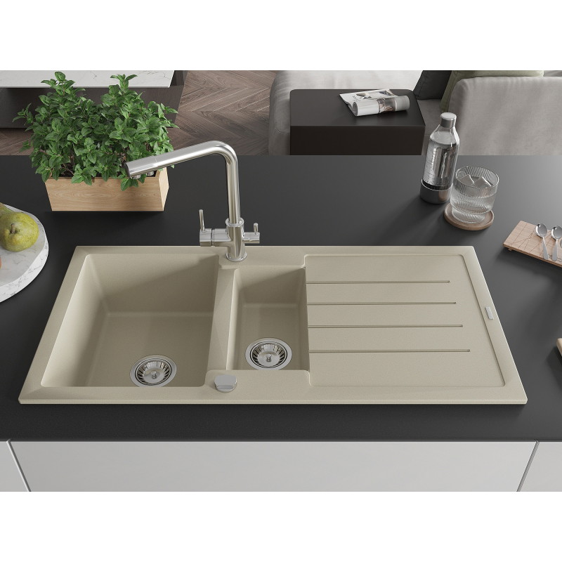 Mexen Andres granite sink 1.5-bowl with drainer and Duero kitchen faucet, beige - 6515-69-671600-00