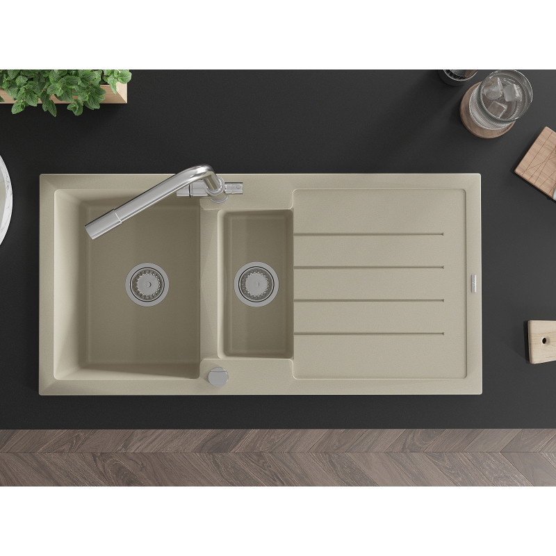 Mexen Andres granite sink 1.5-bowl with drainer and Duero kitchen faucet, beige - 6515-69-671600-00