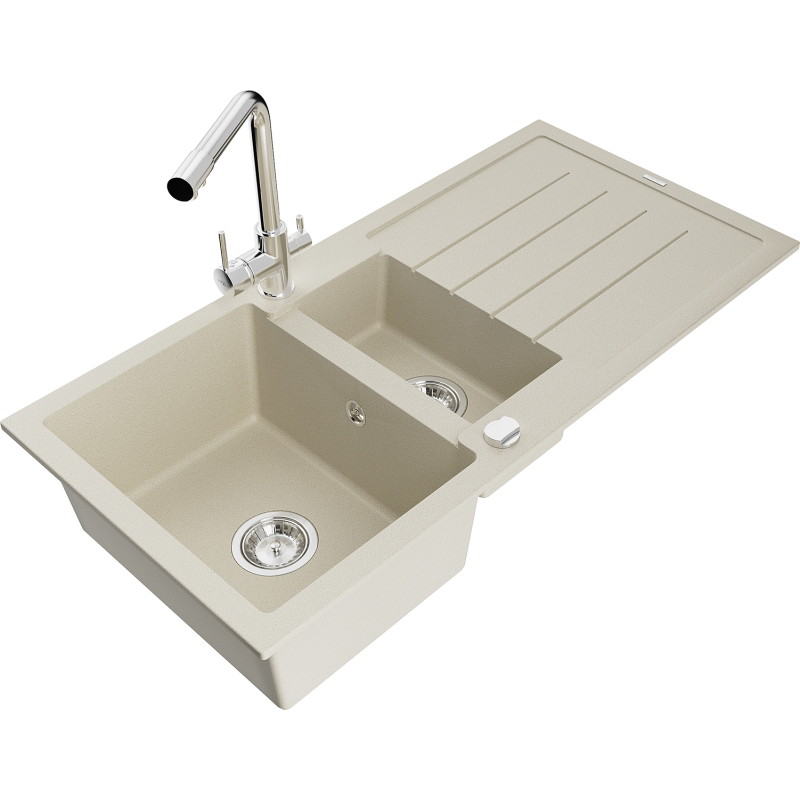 Mexen Andres granite sink 1.5-bowl with drainer and Duero kitchen faucet, beige - 6515-69-671600-00